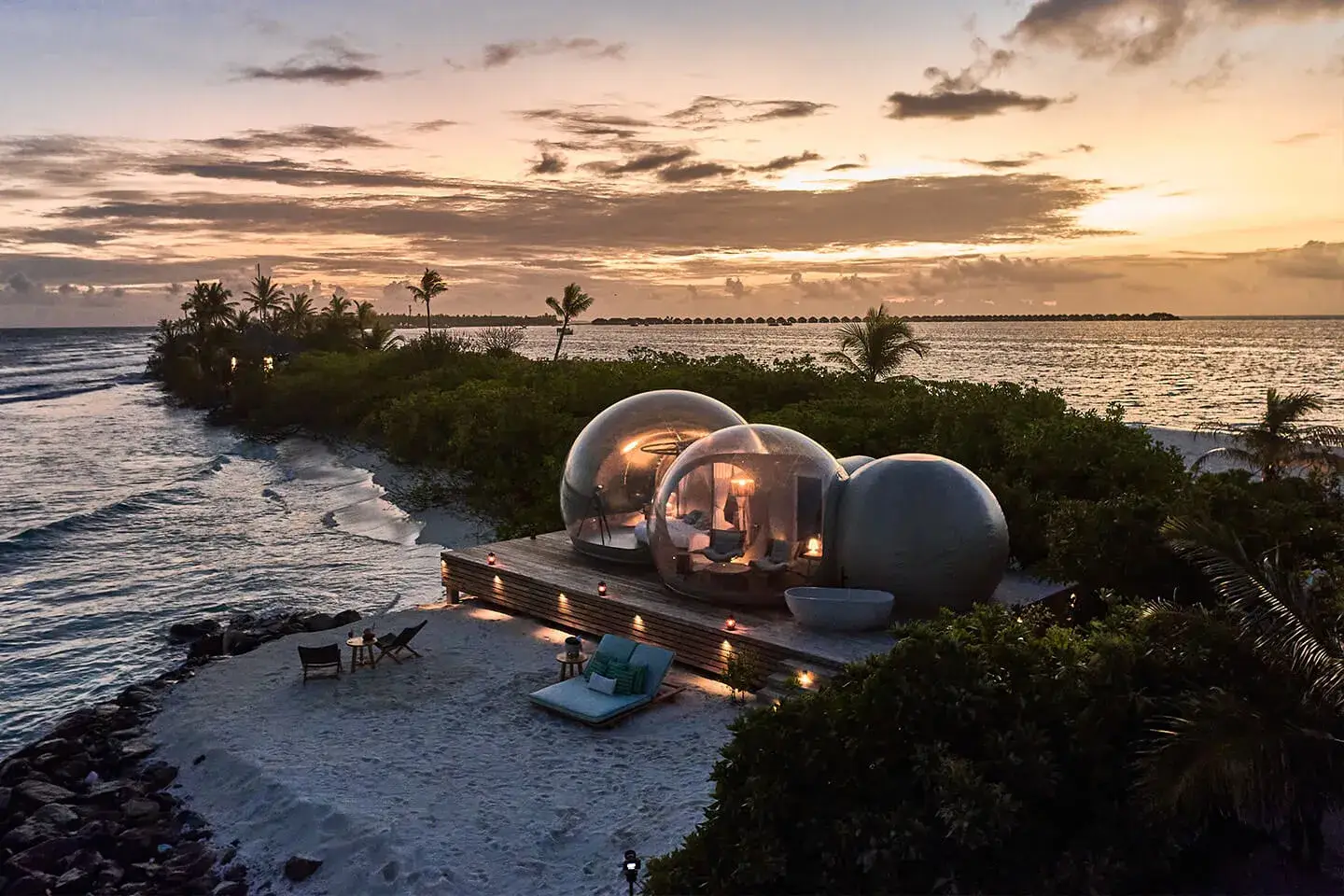 Beach Bubble experience on Finolhu's sandbank in the Maldives.