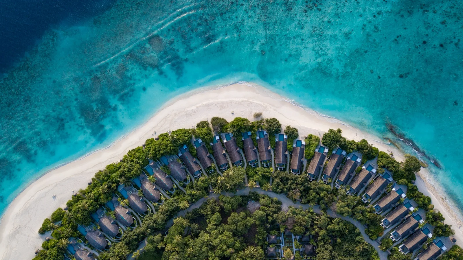Aerial view of Furaveri’s curved beach, tropical greenery and surrounding reef