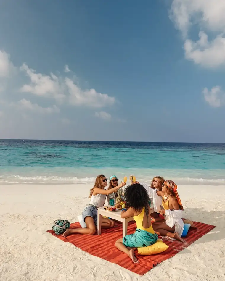 Five friends raising glasses at a picnic on a white sandbank