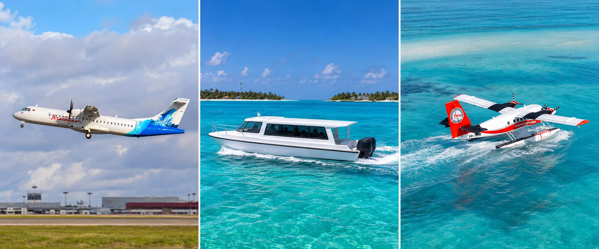 Three-panel image showing a domestic aircraft, a speedboat and a seaplane in the Maldives.