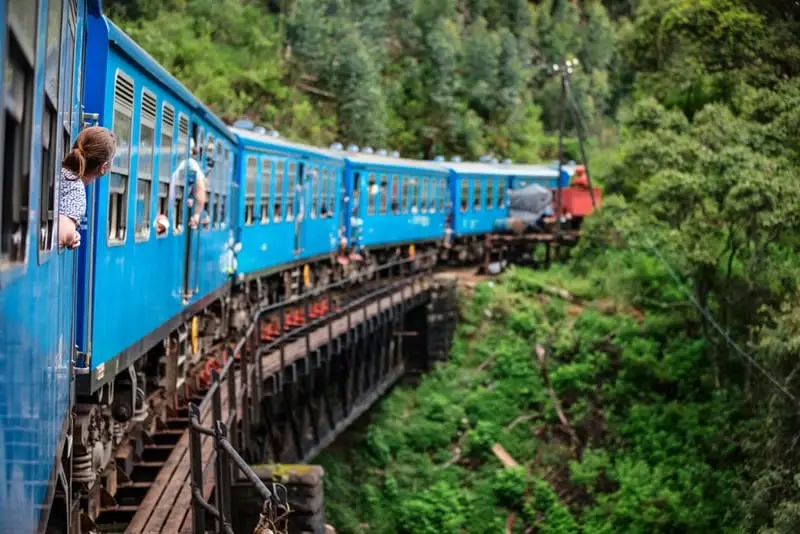 Sri Lanka's blue hill country train passing tea plantations on the Kandy to Ella route