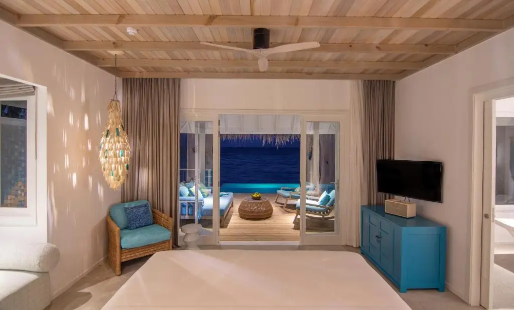 Colourful villa interior at Finolhu Baa Atoll, designed by Muza Lab.